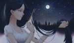  1girl ambiguous_gender arm_up bibido black_hair blue_eyes breasts cleavage crying crying_with_eyes_open doll_joints dress full_moon highres long_hair moon night night_sky original outdoors pointing silhouette sitting sky small_breasts solo standing star_(sky) starry_sky tears tree upper_body white_dress 