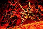  1boy black_background burning dragon embers fangs fire furnace glowing kamen_rider kamen_rider_build_(series) kamen_rider_cross-z male_focus molten_rock solo y_a_m_a_y_a 