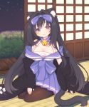  :d animal_ear_fluff animal_ears arashio_(azur_lane) azur_lane bangs bare_shoulders bell bell_collar black_hair black_jacket blush bow breasts brown_legwear cat_ears cat_girl cat_tail cleavage collar collarbone commentary_request eyebrows_visible_through_hair hair_between_eyes hair_bow hair_intakes head_tilt indoors jacket jingle_bell lap_pillow_invitation long_hair long_sleeves medium_breasts night night_sky off_shoulder open_clothes open_jacket open_mouth pantyhose pleated_skirt purple_bow purple_sailor_collar purple_skirt sailor_collar sakurato_ototo_shizuku seiza sitting skirt sky sleeves_past_wrists smile solo star_(sky) starry_sky tail very_long_hair violet_eyes 