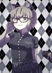  1girl :3 alternate_costume animal_ear_fluff animal_ears arm_behind_back black_blouse black_skirt blonde_hair blouse blush breast_pocket brown_hair buttons cat_ears cat_tail commentary_request cowboy_shot extra_ears glasses green_eyes hand_on_eyewear highres kemono_friends kotobukkii_(yt_lvlv) lace_trim margay_(kemono_friends) multicolored_hair pleated_skirt pocket puffy_short_sleeves puffy_sleeves short_hair short_sleeves skirt solo tail 