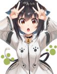  1girl animal_ears arms_up black_hair blush breasts brown_eyes cat_ears cat_tail choker double_v eyebrows_visible_through_hair highres kurokuro_illust looking_at_viewer medium_breasts open_mouth original paw_print short_hair solo tail uniform upper_body v white_background 