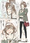  1girl ahoge alternate_costume alternate_hairstyle bag black_footwear blouse braid breath brown_hair closed_eyes commentary_request eyewear_removed french_braid green_jacket hairband highres jacket kantai_collection kongou_(kantai_collection) long_hair open_mouth red_bag shoulder_bag solo tied_hair translation_request twitter_username umino_mokuzu_(shizumisou) violet_eyes wavy_mouth white_hairband 