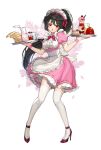  1girl apron black_hair bow cake dessert dress food frilled_dress frills full_body glass high_heels highres holding holding_tray jam long_hair looking_at_viewer maid open_mouth original pancake parfait pink_dress pink_wristband ponytail puffy_short_sleeves puffy_sleeves red_bow red_eyes risem short_sleeves simple_background slice_of_cake standing thigh-highs tray very_long_hair waitress white_background white_legwear wristband 