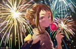  1girl alternate_hairstyle backlighting boku_no_hero_academia brown_eyes brown_hair candy_apple fireworks food hair_ornament hairpin japanese_clothes kimono light_smile looking_at_viewer looking_to_the_side nanaminn sidelocks solo twitter_username uraraka_ochako yukata 