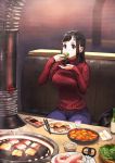  1girl booth chopsticks eating food highres jun_(seojh1029) looking_at_viewer original restaurant short_hair sitting solo 