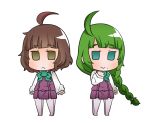  2girls ahoge bangs blush bow braid brown_eyes brown_hair chibi closed_mouth dress eyebrows_visible_through_hair full_body green_background green_bow green_eyes green_hair gurageida kantai_collection kishinami_(kantai_collection) long_hair long_sleeves looking_at_viewer mole multiple_girls no_shoes pantyhose pleated_dress purple_dress purple_legwear shirt simple_background single_braid sleeveless sleeveless_dress sleeves_past_wrists smile standing very_long_hair white_background white_shirt yuugumo_(kantai_collection) 