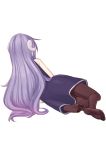  1girl arm_rest brown_legwear dress easy_(aqk7bdqt) gankutsu-sou_no_fuyajou-san hitsujigaoka_nemu horns long_hair lying no_shoes on_side pantyhose purple_dress purple_hair sheep_horns simple_background solo very_long_hair white_background 