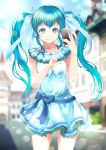  1girl blue_bow blue_eyes blue_hair blue_ribbon blurry blurry_background bow cellphone cowboy_shot day dress floating_hair hair_ribbon hatsune_miku holding holding_phone index_finger_raised jewelry lens_flare long_hair looking_at_viewer necklace outdoors phone ribbon road short_dress sleeveless sleeveless_dress smartphone smile solo standing street twintails very_long_hair vesper_(pixiv3568) vocaloid white_dress 
