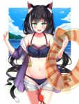  1girl animal_ear_fluff animal_ears arm_up bare_shoulders bikini black_hair blue_bikini blush breasts cat_ears cat_girl cat_tail collarbone cowboy_shot crab eyebrows_visible_through_hair fang green_eyes highres holding holding_innertube innertube jacket kavies kyaru_(princess_connect) looking_at_viewer low_twintails medium_breasts multicolored_hair navel open_mouth princess_connect! princess_connect!_re:dive purple_jacket revision short_shorts shorts shorts_pull skin_fang solo standing stomach streaked_hair swimsuit tail twintails white_hair white_shorts 