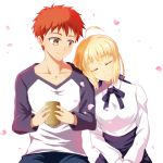  1boy 1girl ahoge artoria_pendragon_(all) black_ribbon black_skirt blonde_hair blue_pants blue_ribbon brown_eyes cherry_blossoms cimeri closed_eyes collar collared_shirt couple cup emiya_shirou eyebrows_visible_through_hair fate/stay_night fate_(series) grey_sleeves hair_ribbon hands_together high-waist_skirt holding holding_cup leaning_to_the_side long_sleeves neck_ribbon orange_hair pants ribbon saber shirt short_hair simple_background sitting skirt smile spiky_hair white_background white_shirt wing_collar 
