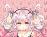  1girl animal_ears arms_up azur_lane bangs bare_shoulders blush bunny_background chestnut_mouth collarbone commentary_request eyebrows_visible_through_hair hair_between_eyes hair_ornament hairband jacket laffey_(azur_lane) long_hair off_shoulder open_clothes open_jacket open_mouth pink_background pink_jacket portrait rabbit_ears red_eyes red_hairband silver_hair solo suzunone_rena twintails 
