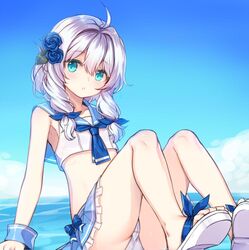  1girl :o ahoge aqua_eyes bangs blue_flower blue_neckwear blue_ribbon blue_rose blue_sailor_collar blue_skirt blue_sky blush clouds crop_top day eyebrows_visible_through_hair flower frilled_skirt frills hair_between_eyes hair_flower hair_intakes hair_ornament hair_over_shoulder hair_ribbon head_tilt horizon kuro_(kuronell) looking_at_viewer ocean outdoors panties parted_lips pleated_skirt ribbon rose sailor_collar sandals school_uniform serafuku shirt shoe_soles silver_hair sitting skirt sky solo soul_worker stella_unibell underwear water white_footwear white_panties white_shirt wrist_cuffs 