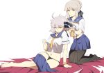  2girls arm_support artoria_pendragon_(all) barefoot black_legwear blue_skirt cellphone expressionless eyebrows_visible_through_hair fate/grand_order fate_(series) feet hair_bun hair_straightener highres jeanne_d&#039;arc_(alter)_(fate) jeanne_d&#039;arc_(fate)_(all) lying messy_hair multiple_girls nanaya_(daaijianglin) navel on_side panties pantyhose phone saber_alter sailor_collar school_uniform scrunchie short_hair simple_background skirt skirt_down smartphone steam stomach thong toes underwear white_background yellow_eyes 