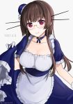  1girl alternate_costume apron breasts brown_hair choukai_(kantai_collection) dated dress eyebrows_visible_through_hair frills glasses gloves hair_ornament hat headgear highres kantai_collection large_breasts long_dress long_hair looking_at_viewer maid maid_apron mini_hat red_eyes rimless_eyewear solo white_gloves yunamaro 