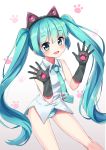  1girl animal_ears aqua_hair black_gloves blush cat_ears cowboy_shot elbow_gloves eyebrows_visible_through_hair gloves green_eyes hatsune_miku highres long_hair mk82_(hoonsyh) necktie no_pants open_mouth panties solo striped striped_panties twintails underwear very_long_hair vocaloid white_background 
