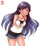  1girl alternate_costume arms_behind_back artist_logo bare_legs black_hair blouse blue_skirt blush breasts collarbone cowboy_shot dated eyebrows_visible_through_hair frilled_skirt frills hair_between_eyes highres i-400_(kantai_collection) kanon_(kurogane_knights) kantai_collection long_hair looking_at_viewer open_mouth signature simple_background skirt sleeveless small_breasts smile solo tan tanline teeth tongue violet_eyes white_background white_blouse 