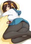  1girl ass back black_legwear blush breasts brown_eyes brown_hair dakimakura_(object) hairband haruhisky highres lace lace-trimmed_panties looking_at_viewer medium_hair panties panties_under_pantyhose pantyhose pillow pleated_skirt school_uniform serafuku skirt solo suzumiya_haruhi suzumiya_haruhi_no_yuuutsu underwear 