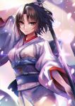  1girl black_hair brown_eyes highres holding holding_sword holding_weapon japanese_clothes kara_no_kyoukai katana kimono long_sleeves looking_at_viewer moze obi petals print_kimono ryougi_shiki sash short_hair solo standing sword weapon white_kimono yukata 