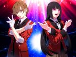  2girls androgynous bangs batsubami_rei black_hair blunt_bangs breasts brown_hair collared_shirt eyebrows_visible_through_hair fingernails glasses gloves hair_between_eyes highres hime_cut jabami_yumeko jacket jewelry kakegurui lips long_hair long_sleeves looking_at_viewer multiple_girls nail_polish naomura_tooru necktie official_art open_mouth pants pink_eyes pink_nails plaid pleated_skirt ribbon ring school_uniform shirt short_hair skirt sleeves_rolled_up smile white_gloves white_shirt 