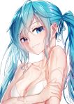  1girl ahoge bai_yemeng bare_shoulders bikini bikini_top blue_eyes blush breasts cleavage collarbone hair_ribbon hand_on_own_arm hatsune_miku long_hair looking_at_viewer medium_breasts parted_lips ribbon signature simple_background smile solo strap_gap strap_slip swimsuit twintails upper_body vocaloid water_drop wet white_background white_bikini white_ribbon 