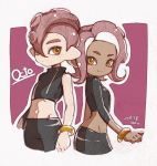  1boy 1girl 2018 agent_8 back-to-back baku_(bakunooekaki) black_pants black_skirt closed_mouth crop_top dark_skin dated groin long_hair long_sleeves looking_at_viewer navel octarian octoling orange_eyes pants redhead short_hair single_bare_shoulder single_sleeve skirt smile splatoon splatoon_(series) splatoon_2 splatoon_2:_octo_expansion suction_cups tentacle_hair 