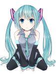  1girl aqua_eyes aqua_hair bare_shoulders blush collarbone colorized detached_sleeves hair_ornament hatsune_miku long_hair looking_at_viewer necktie nyankichi sitting solo twintails v_arms very_long_hair vocaloid wariza 