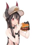  1girl bangosu bangs bare_shoulders beef beltbra black_gloves black_hair breasts buckle cheese collar copyright_request eating food food_on_face gloves hamburger hat highres holding holding_food horns long_hair military_hat onion red_eyes salad sidelocks simple_background single_glove small_breasts solo sweatband tomato under_boob upper_body virtual_youtuber white_background white_headwear 