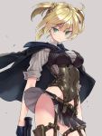  1girl black_gloves blonde_hair braid breasts contrapposto corset covered_navel cowboy_shot eyebrows_visible_through_hair girls_frontline gloves green_eyes grey_background gun handgun hiyo_moo holster jacket_on_shoulders looking_at_viewer medium_breasts miniskirt necktie no_panties pleated_skirt short_twintails simple_background skirt solo thigh_holster twintails underbust v-shaped_eyebrows weapon welrod_mk2_(girls_frontline) wind wind_lift 