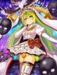  1girl alina_gray bangs blue_earrings blush bow breasts cape earrings edobox green_eyes green_hair hair_between_eyes hair_ornament hand_on_own_cheek hand_up hat jewelry long_hair long_sleeves looking_at_viewer magia_record:_mahou_shoujo_madoka_magica_gaiden mahou_shoujo_madoka_magica mask mask_removed puffy_long_sleeves puffy_sleeves rainbow_background red_bow shirt skirt small_breasts smile solo standing thigh-highs white_cape white_headwear white_shirt white_skirt wings 