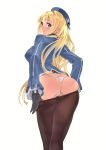  1girl absurdres ass atago_(kantai_collection) bangs beret blonde_hair blush bow bow_panties breasts closed_mouth detached_sleeves eyebrows_visible_through_hair from_behind gloves hat highres kantai_collection long_hair long_sleeves looking_at_viewer looking_back medium_breasts panties pantyhose pantyhose_pull pulled_by_self scan shiny shiny_hair simple_background smile solo thighs underwear white_panties yahako 