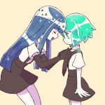  2others androgynous blue_hair child chiyoko_(oman1229) closed_eyes crystal_hair elbow_gloves gem_uniform_(houseki_no_kuni) gloves green_eyes green_hair hime_cut houseki_no_kuni lapis_lazuli_(houseki_no_kuni) long_hair multiple_others necktie open_mouth phosphophyllite short_hair smile suspenders tying_tie younger 