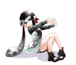  1girl ;3 ankle_boots baku_(bakunooekaki) black_footwear black_hair blue_eyes boots closed_mouth cross-laced_footwear dated domino_mask full_body inkling interlocked_fingers lace-up_boots long_hair long_sleeves mask one_eye_closed pigeon-toed shadow sitting solo splatoon splatoon_(series) splatoon_2 stretch suction_cups tentacle_hair twitter_username white_background 