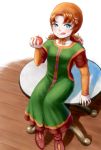  1girl blue_eyes blush breasts commentary_request curly_hair dragon_quest dragon_quest_vii dress hat highres hood long_hair looking_at_viewer maribel_(dq7) redhead smile solo 