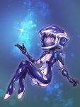  +_+ 1girl android blue_eyes bodysuit breasts cleavage commentary covered_navel disembodied_limb english_commentary floating full_body helmet highres mag_(warframe) mechanical_arms medium_breasts personification phantom_ix_row plantar_flexion robot_joints shiny shiny_clothes short_hair silver_hair skin_tight solo space surprised warframe 