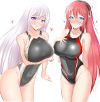  2girls aki_(akiiiiiiiii1875) azur_lane black_hairband black_swimsuit blue_eyes blush breasts commentary_request competition_swimsuit covered_navel cowboy_shot enterprise_(azur_lane) hair_between_eyes hairband headgear heart highleg highleg_swimsuit highres large_breasts leaning_forward long_hair looking_at_viewer multiple_girls one-piece_swimsuit ranger_(azur_lane) redhead silver_hair simple_background standing swimsuit taut_clothes taut_swimsuit very_long_hair violet_eyes white_background 