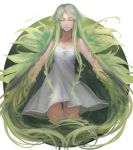  1girl absurdly_long_hair breasts cleavage closed_eyes collarbone dress floating_hair green_hair grey_dress kazenemuri long_hair outstretched_arms saya saya_no_uta short_dress sleeveless sleeveless_dress small_breasts solo standing sundress thigh_gap very_long_hair white_background 