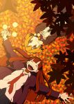  2girls autumn autumn_leaves bangs blonde_hair blunt_bangs brown_hair closed_eyes collared_shirt eating food jacket leaf long_hair looking_at_viewer lying multiple_girls necktie nobile1031 on_back open_mouth original red_eyes red_neckwear shirt short_hair smile tree white_shirt 