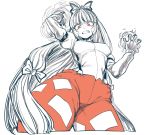  1girl angry baggy_pants bags_under_eyes bow breasts clenched_teeth erect_nipples eyelashes fang fire from_below fujiwara_no_mokou hair_bow hair_ribbon long_hair long_sleeves medium_breasts ofuda pants red_eyes red_pants ribbon shirt solo space_jin suspenders teeth touhou very_long_hair wide_hips 