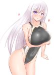  1girl aki_(akiiiiiiiii1875) azur_lane black_swimsuit breasts competition_swimsuit covered_navel cowboy_shot enterprise_(azur_lane) highleg highleg_swimsuit highres large_breasts leaning_forward long_hair looking_at_viewer one-piece_swimsuit silver_hair simple_background solo standing swimsuit taut_clothes taut_swimsuit violet_eyes white_background 