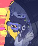  1girl bangs blunt_bangs braid close-up cyberpunk cyborg face face_mask grey_hair hair_over_shoulder hood hood_up koyorin long_hair looking_at_viewer mask mouth_hold multicolored multicolored_eyes original signature violet_eyes 