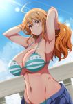  1girl armpits arms_up bikini_top breasts cleavage denim jeans large_breasts long_hair nami_(one_piece) navel one_piece orange_eyes orange_hair pants solo super_nekopunch under_boob 