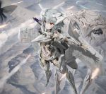  1girl ace_combat ace_combat_7 amputee blood blood_on_face bullet_hole character_name damaged flying from_above highres human_shield injury mecha_musume missile mountain mq-101 parts_exposed personification red_eyes shadow short_hair silver_hair tom-neko_(zamudo_akiyuki) war 