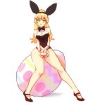  1girl animal animal_ears bare_shoulders black_footwear black_hairband black_leotard black_neckwear blonde_hair blue_eyes bow bowtie breasts bunny_girl commentary easter_egg egg empty_eyes english_commentary fake_animal_ears full_body hairband holding holding_animal katawa_shoujo large_breasts legs leotard long_hair looking_at_viewer ponytail rabbit rabbit_ears rtil satou_lilly shoes simple_background sitting smile solo white_background 