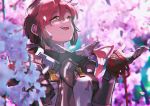  1girl armor blush flower gloves long_hair lora_(xenoblade_2) nintendo parted_lips redhead shioaji_(siolog) short_hair simple_background smile solo xenoblade_(series) xenoblade_2 xenoblade_2:_ogon_no_kuri_ira yellow_eyes 