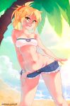  1girl absurdres bandeau bare_arms bare_shoulders beach blonde_hair braid breasts cleavage collarbone commentary cutoffs day english_commentary fang fate/apocrypha fate_(series) green_eyes grin highres long_hair looking_at_viewer medium_breasts micro_shorts mordred_(fate) mordred_(fate)_(all) navel outdoors palm_tree ponytail rtil shiny shiny_skin shorts shorts_pull smile solo stomach tree upper_teeth water wide_hips 