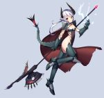  1girl armor armored_boots ass axe blush boots breasts cape cleavage cloak commentary dragon_girl from_side gauntlets grey_background grey_hair hair_between_eyes highres holding holding_axe holding_weapon horns magic original raizen_(jung_0000) red_cape red_eyes revealing_clothes simple_background small_breasts smile solo tail weapon 