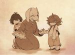  1other 2girls closed_eyes deltarune dress facing_another food freckles goat_horns hair_over_eyes hair_over_one_eye hand_holding jewelry kneeling ko-on_(ningen_zoo) kris_(deltarune) monster_girl multiple_girls necklace no_shoes pie sepia shirt short_hair shorts standing susie_(deltarune) t-shirt toriel twitter_username younger 