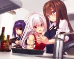  3girls :&lt; :d apron bangs bare_shoulders black_neckwear black_shirt blue_apron blue_eyes blurry blurry_foreground blush bottle bowl brown_apron brown_hair brown_sweater center_frills closed_mouth collared_shirt commentary_request counter depth_of_field eyebrows_visible_through_hair eyepatch faucet frills hair_between_eyes high_ponytail highres holding holding_bowl indoors long_hair mixing_bowl multiple_girls murasame_shia necktie off-shoulder_sweater off_shoulder open_mouth original ponytail puffy_short_sleeves puffy_sleeves purple_hair red_apron red_eyes shirt short_sleeves smile sweater valentine very_long_hair white_hair white_shirt 