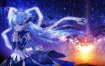  1girl blue_hair blue_skirt floating_hair green_eyes guangyuying_de_lianyi hair_between_eyes hands_clasped headgear hoshino_yumemi long_hair long_sleeves necktie own_hands_together planetarian red_neckwear scenery skirt sky solo standing star_(sky) starry_sky very_long_hair 