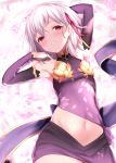  1girl armpits arms_up bangs bare_shoulders blush breasts detached_sleeves earrings fate/grand_order fate_(series) hair_ribbon highres hip_focus jewelry kama_(fate/grand_order) looking_at_viewer lying maosame navel on_back parted_lips petals purple_skirt red_eyes ribbon ring short_hair silver_hair skirt small_breasts smile solo 